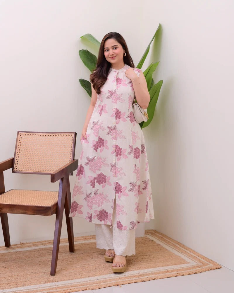 Ratatouille Blush Pink Pure Cotton Floral Printed Kurta Set