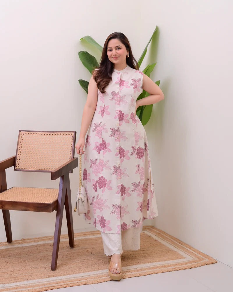 Ratatouille Blush Pink Pure Cotton Floral Printed Kurta Set