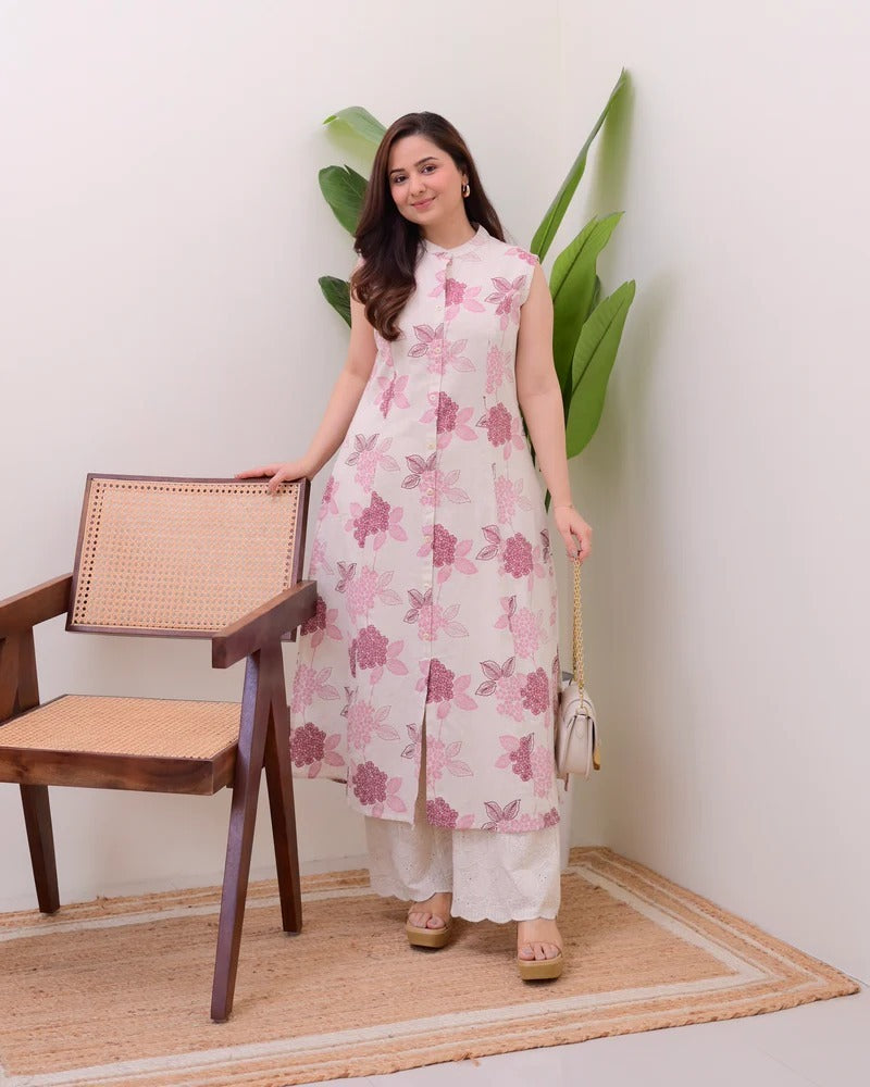 Ratatouille Blush Pink Pure Cotton Floral Printed Kurta Set