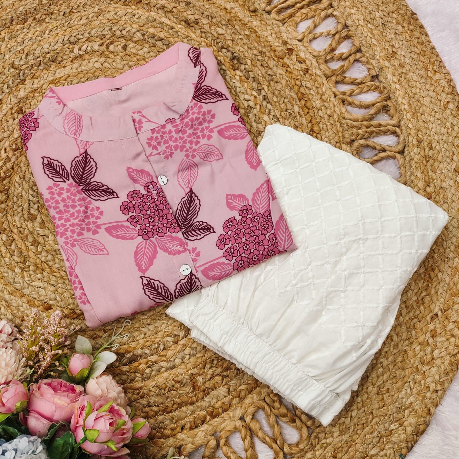 Ratatouille Blush Pink Pure Cotton Floral Printed Kurta Set