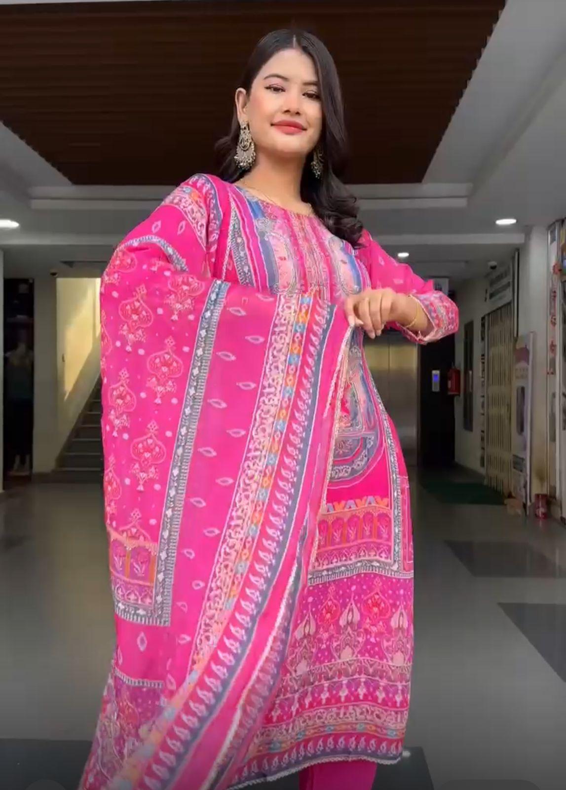 Pleasurable Pink Chinon Printed Casual Suit Set