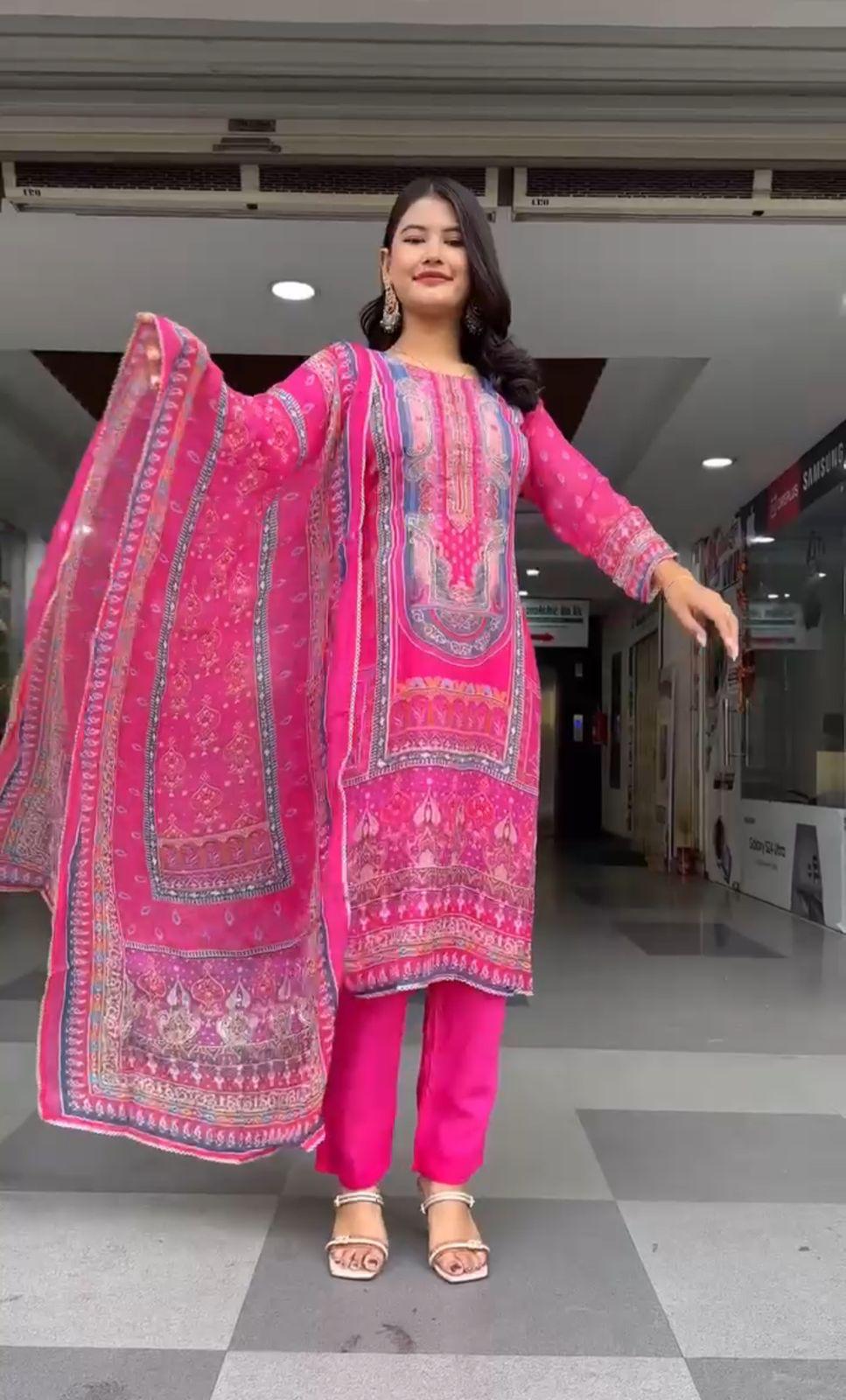 Pleasurable Pink Chinon Printed Casual Suit Set