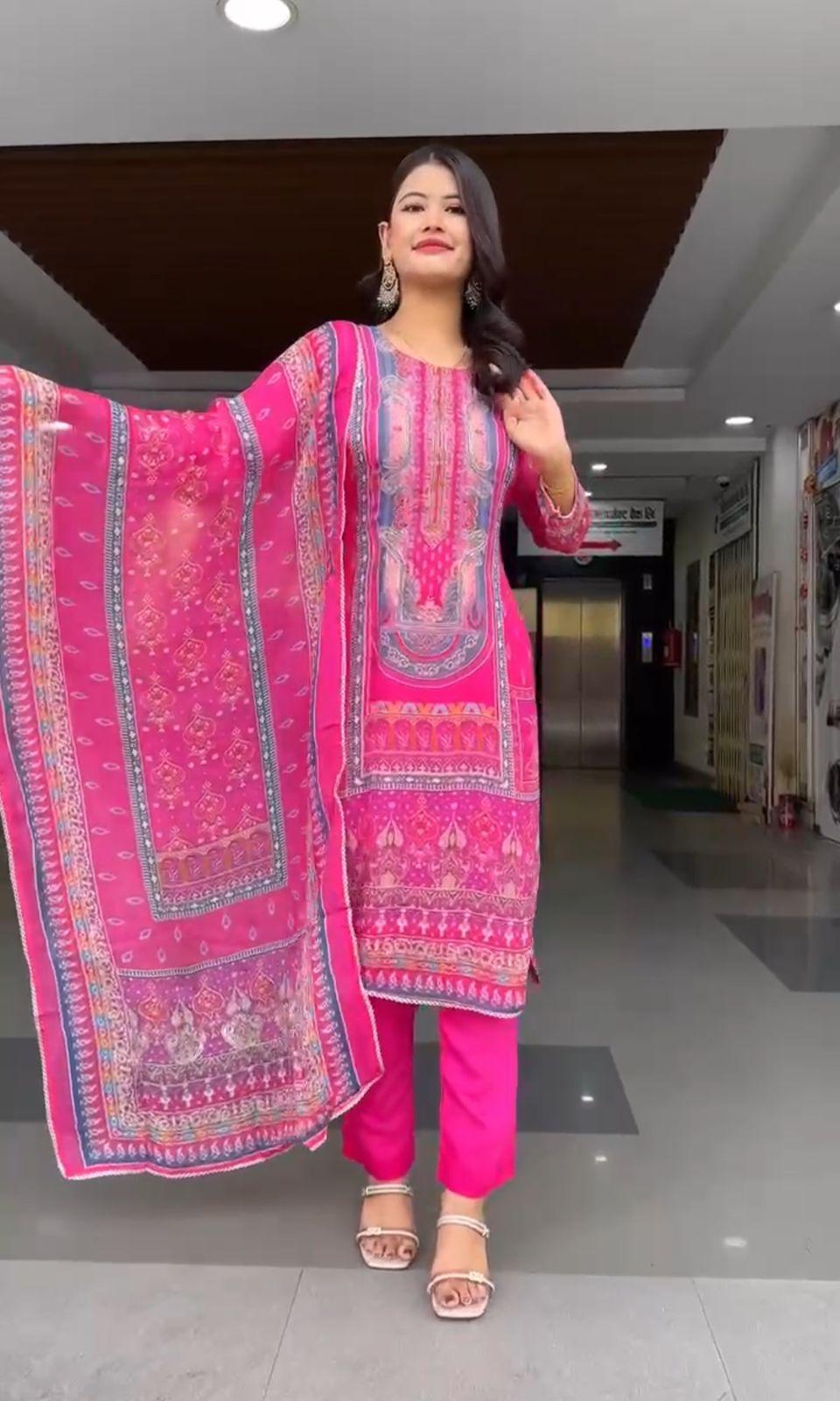 Pleasurable Pink Chinon Printed Casual Suit Set