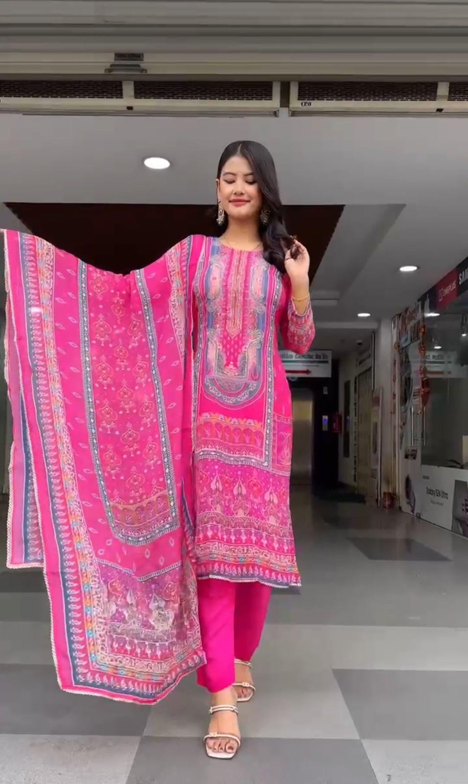 Pleasurable Pink Chinon Printed Casual Suit Set