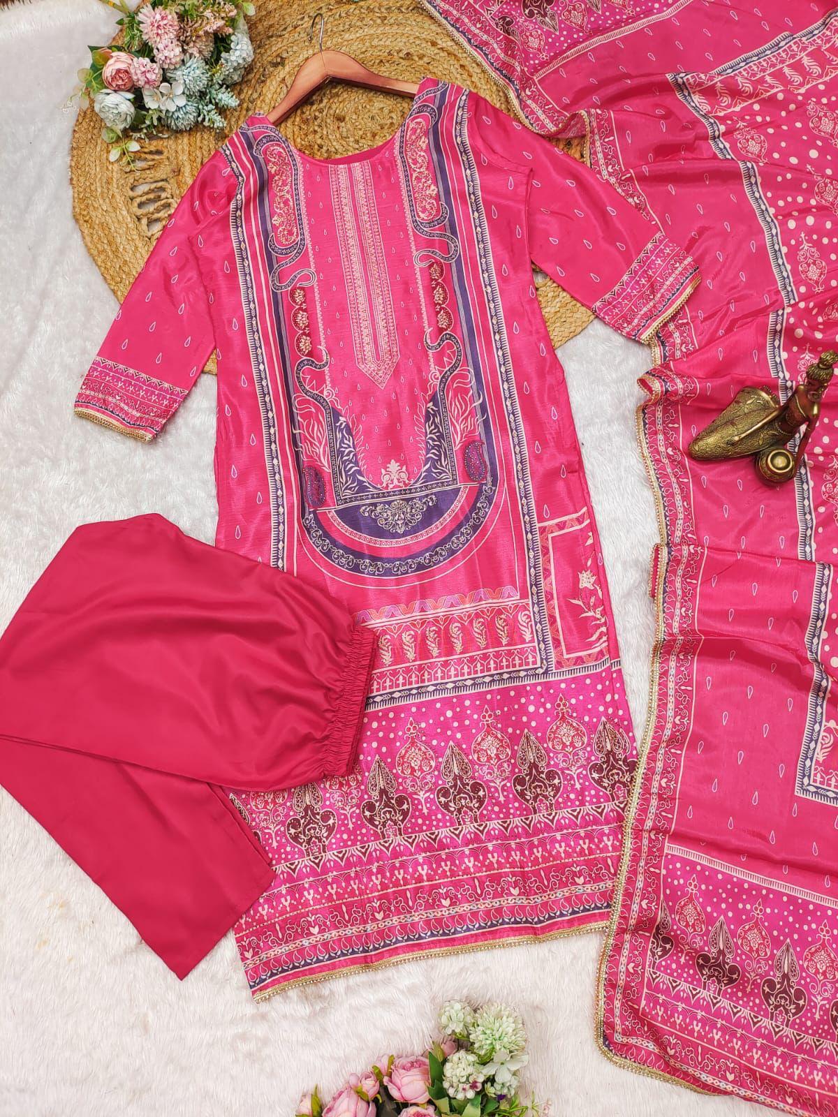Pleasurable Pink Chinon Printed Casual Suit Set