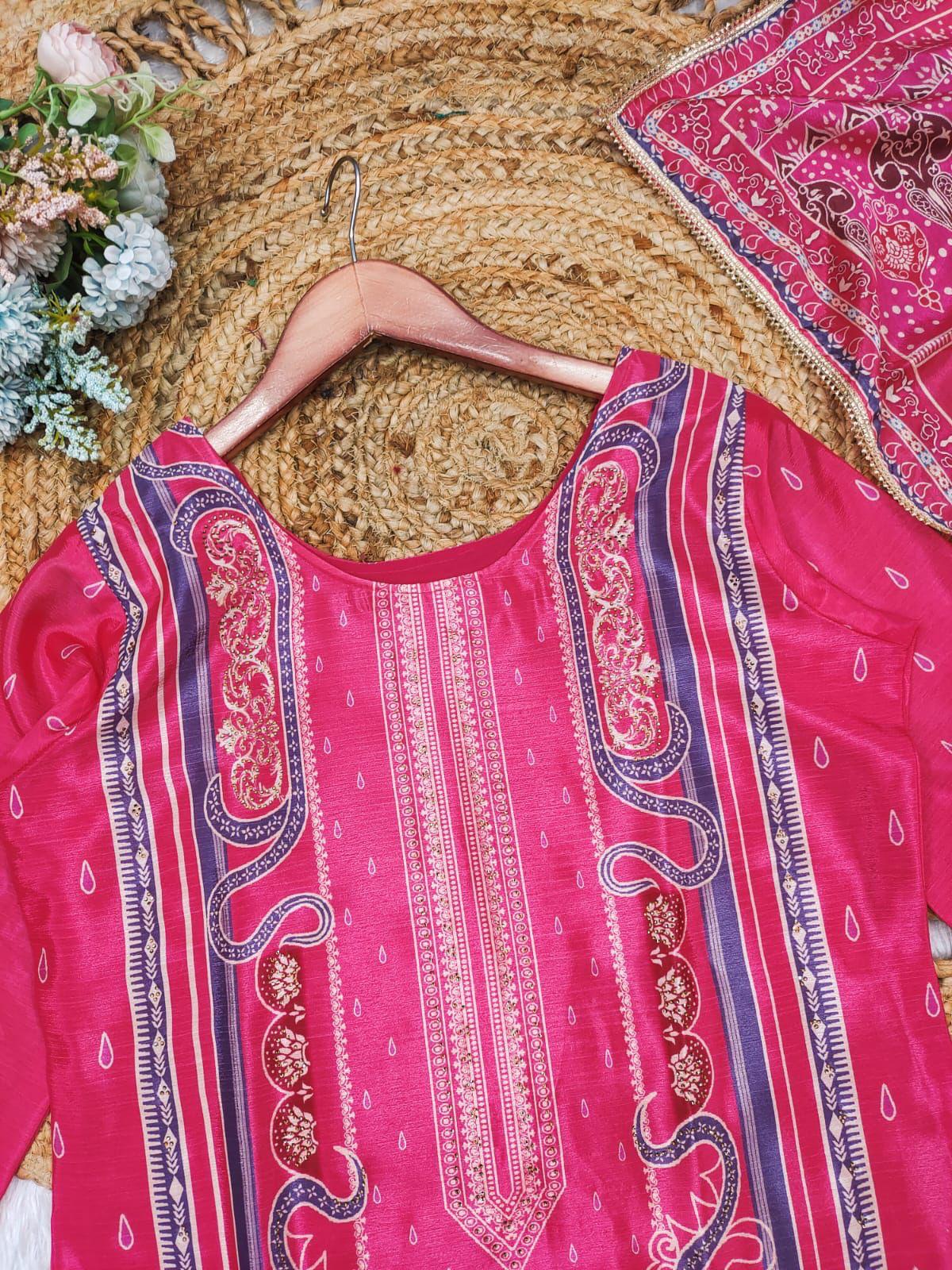 Pleasurable Pink Chinon Printed Casual Suit Set