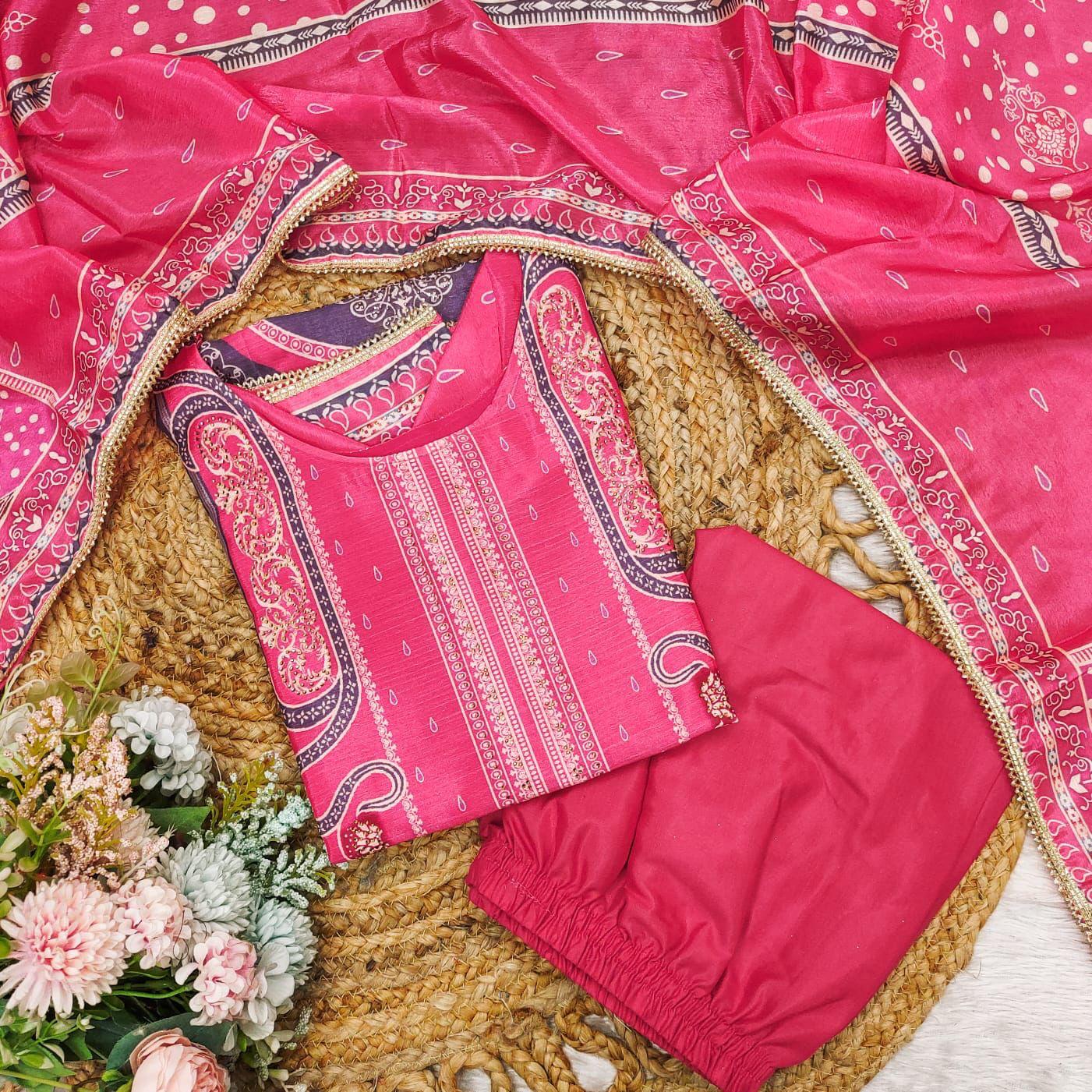 Pleasurable Pink Chinon Printed Casual Suit Set