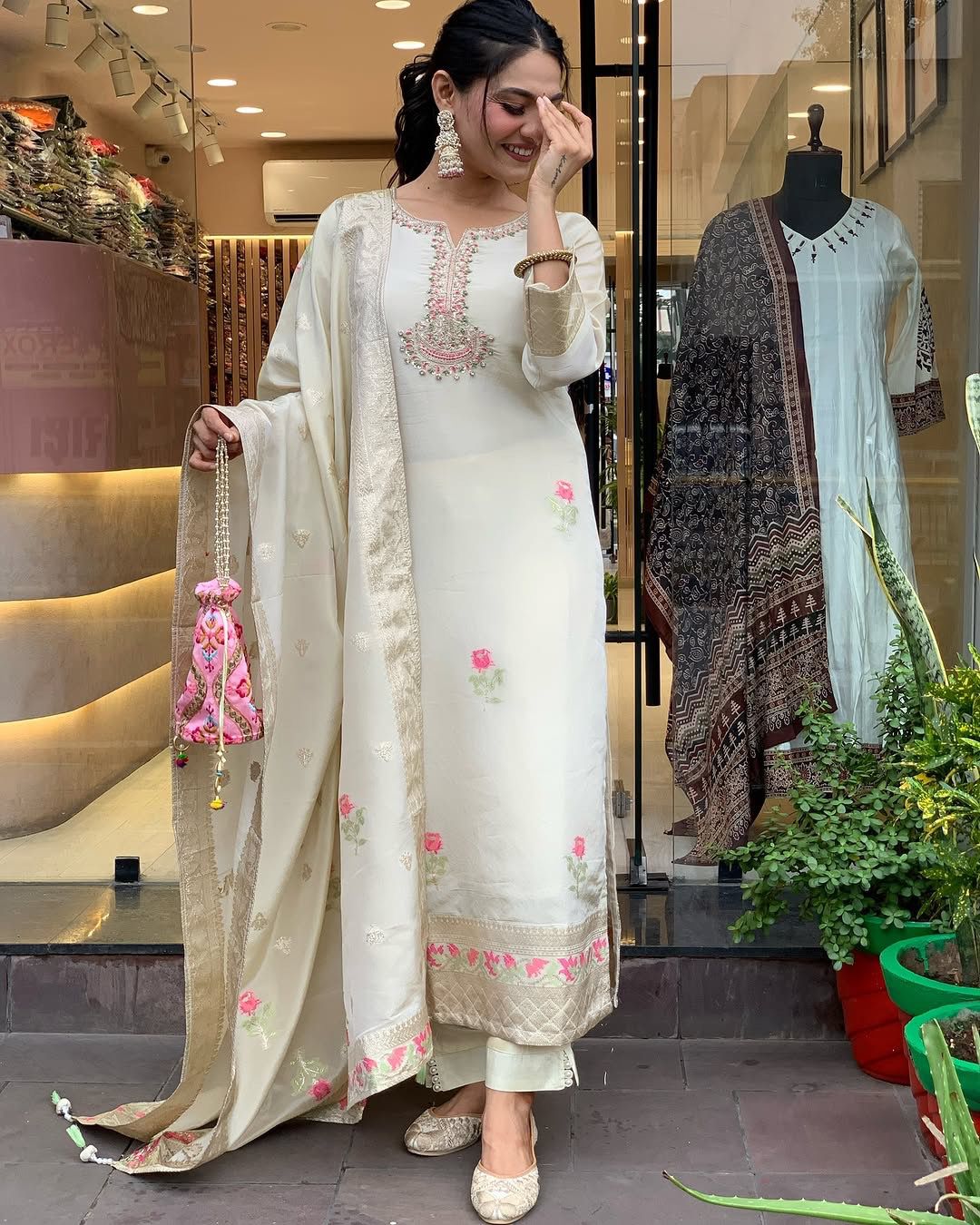 Blooming Pestal Grey Roman Silk Floral Embroidery Work Suit Set