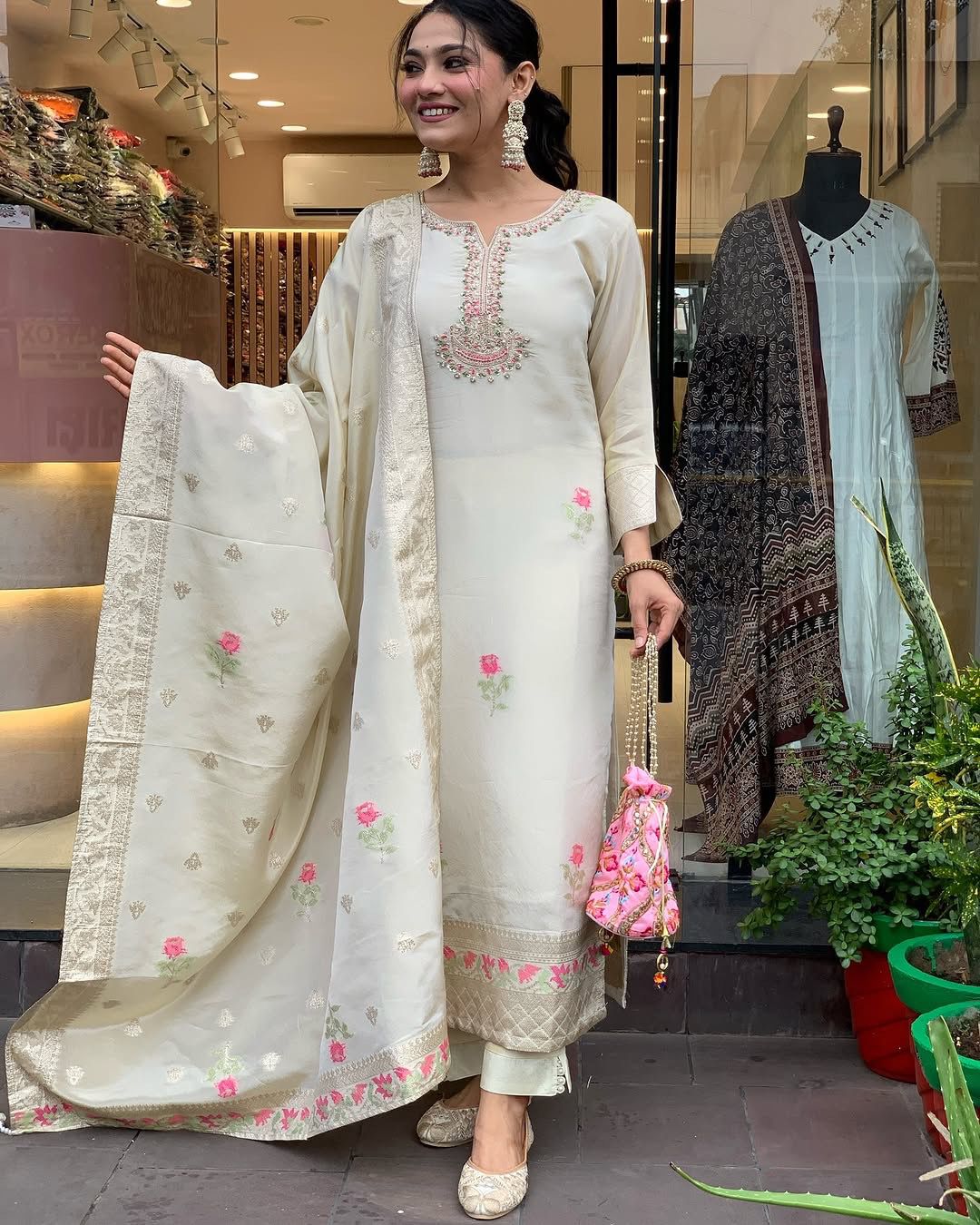 Blooming Pestal Grey Roman Silk Floral Embroidery Work Suit Set