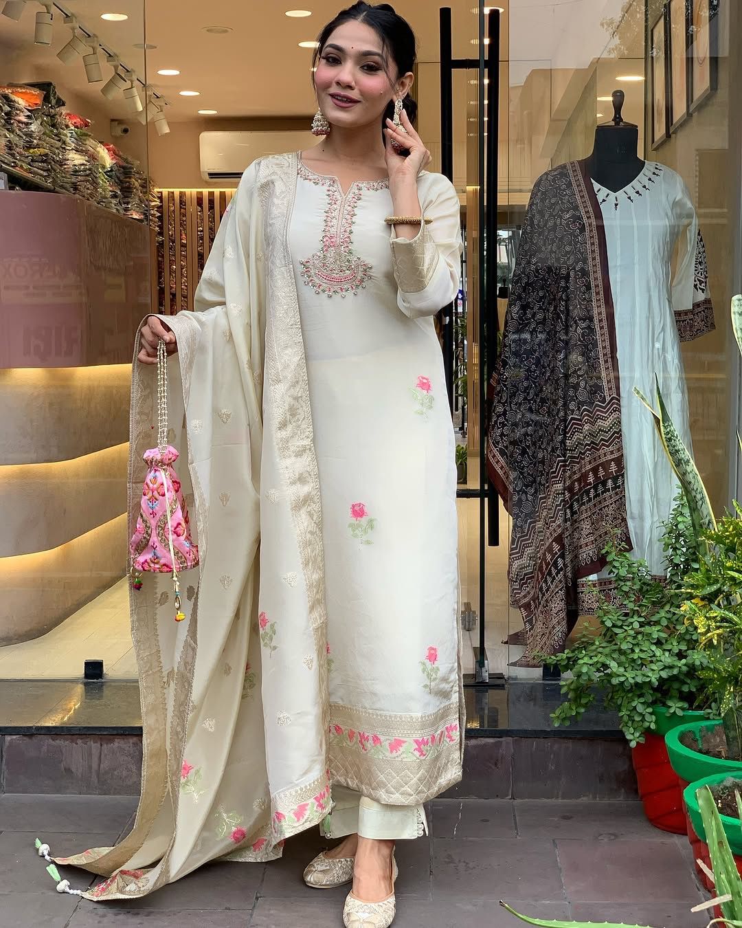 Blooming Pestal Grey Roman Silk Floral Embroidery Work Suit Set