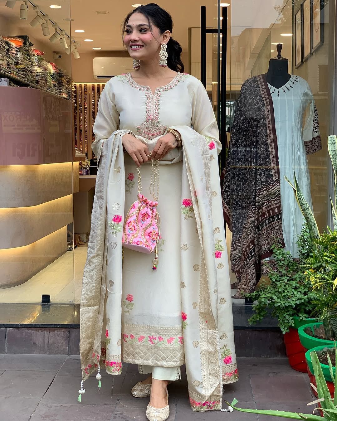 Blooming Pestal Grey Roman Silk Floral Embroidery Work Suit Set
