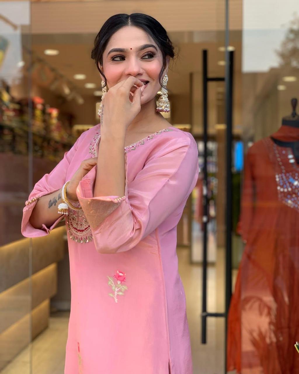 Attractive Blush Pink Roman Silk Floral Embroidery Work Suit Set