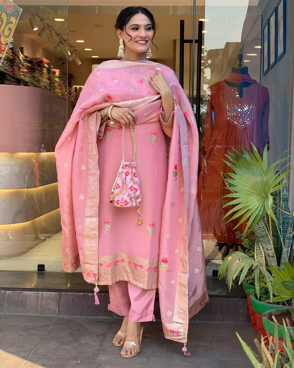 Attractive Blush Pink Roman Silk Floral Embroidery Work Suit Set
