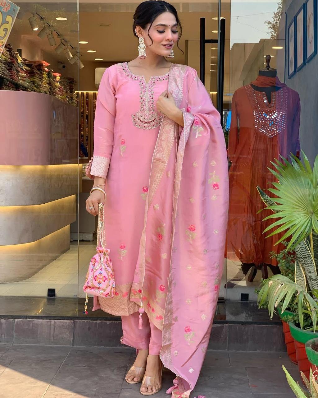 Attractive Blush Pink Roman Silk Floral Embroidery Work Suit Set