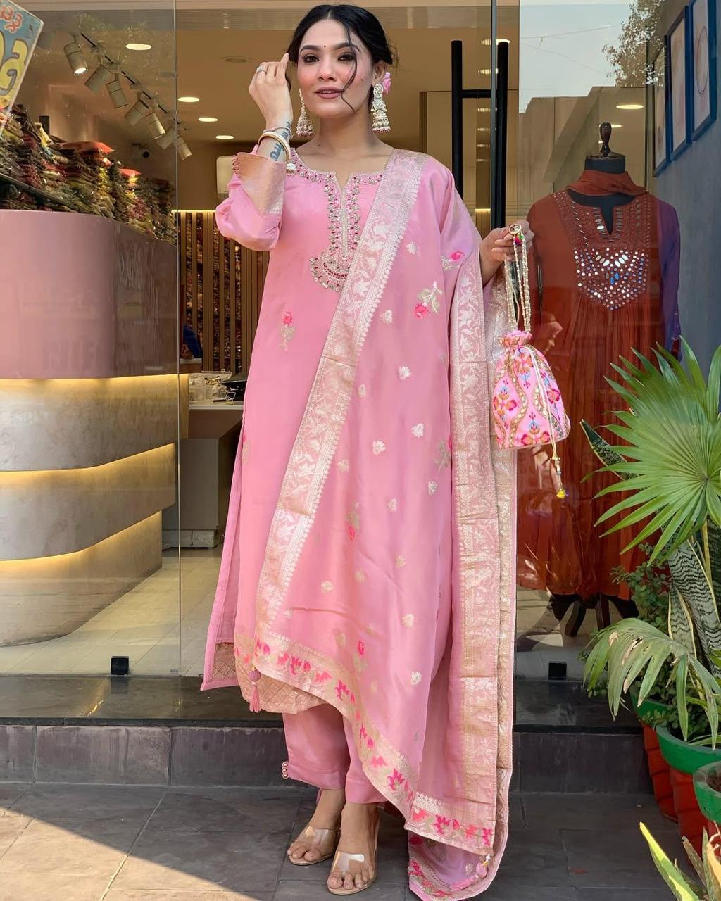 Attractive Blush Pink Roman Silk Floral Embroidery Work Suit Set