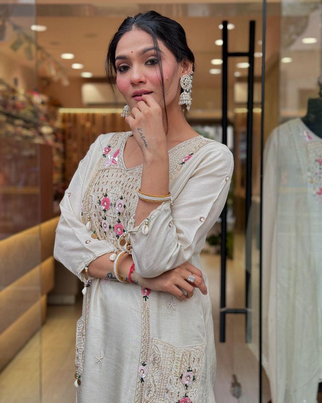 Pestal Grey Roman Sequence Embroidery with Kodi Work Suit Set