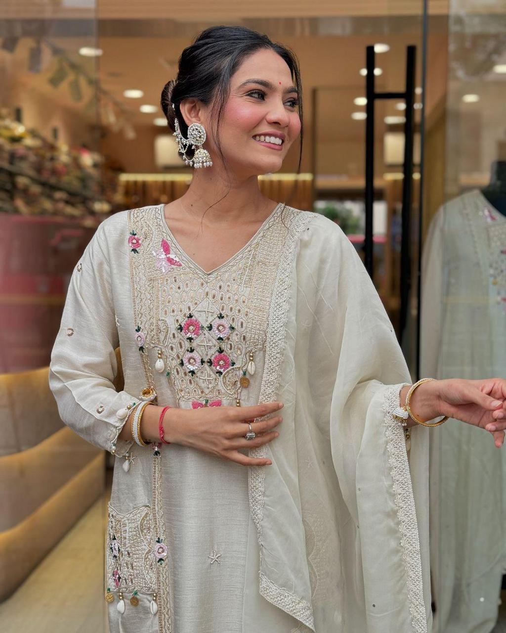 Pestal Grey Roman Sequence Embroidery with Kodi Work Suit Set