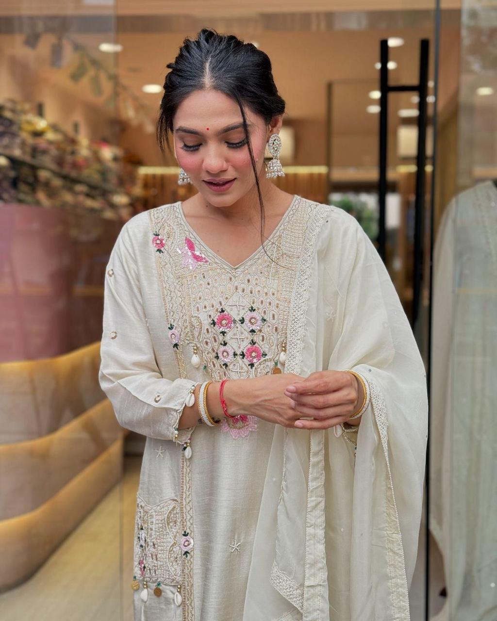 Pestal Grey Roman Sequence Embroidery with Kodi Work Suit Set