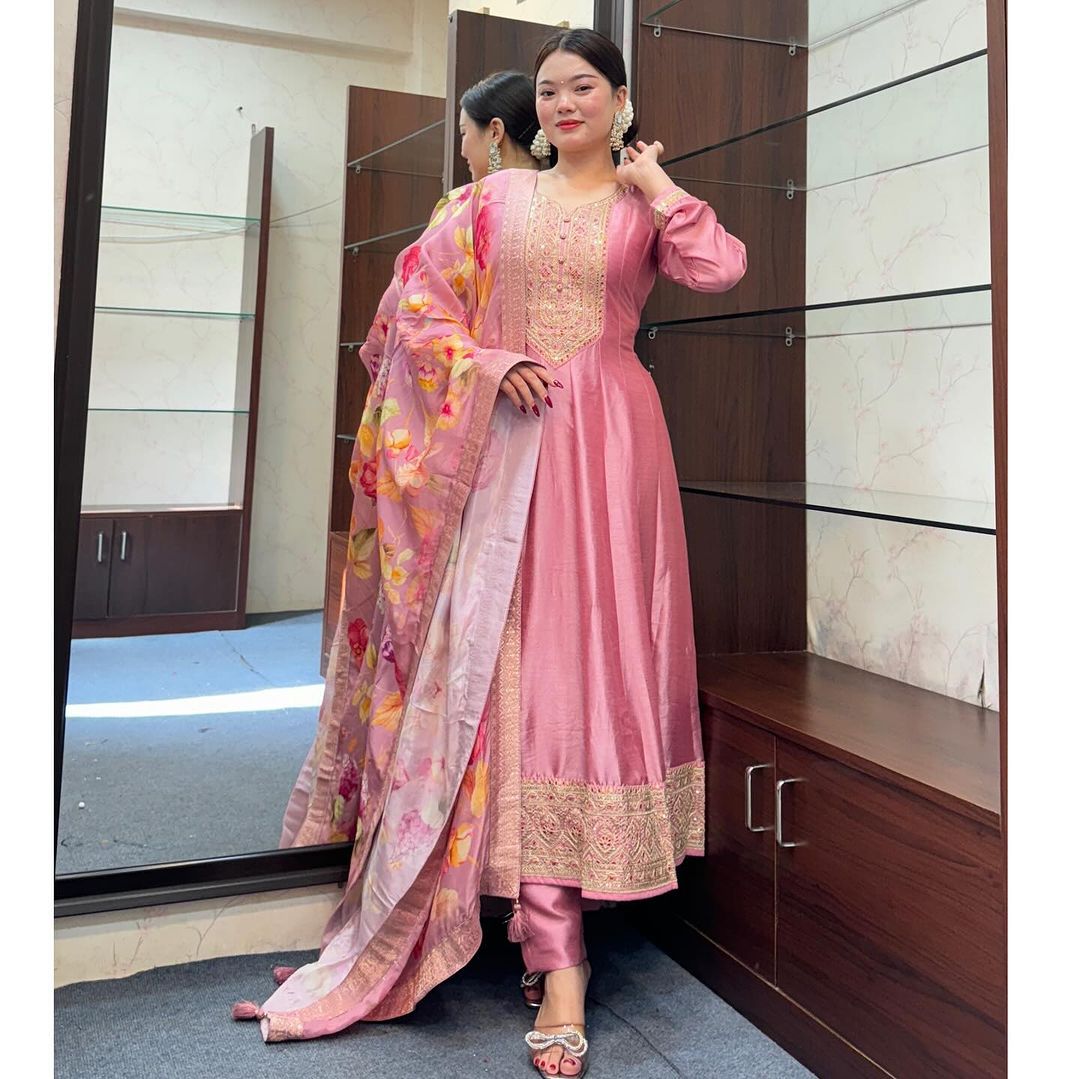 Quintessential Pink Roman Silk Embroidery Work Suit Set