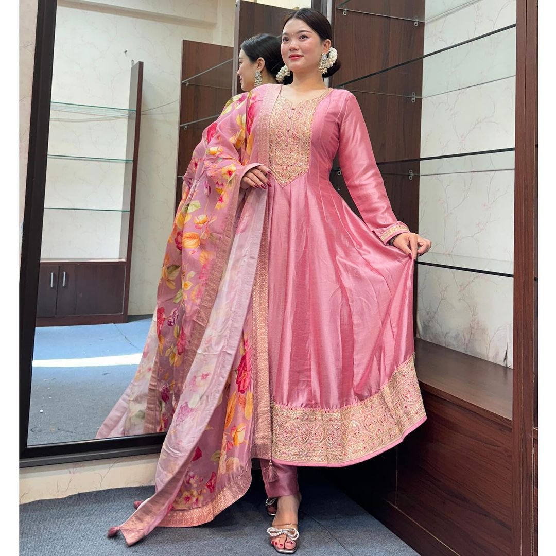 Quintessential Pink Roman Silk Embroidery Work Suit Set