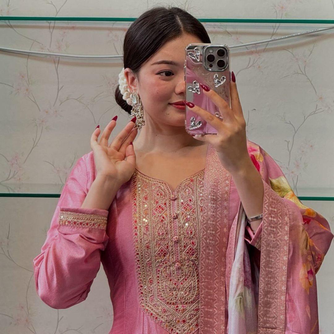 Quintessential Pink Roman Silk Embroidery Work Suit Set