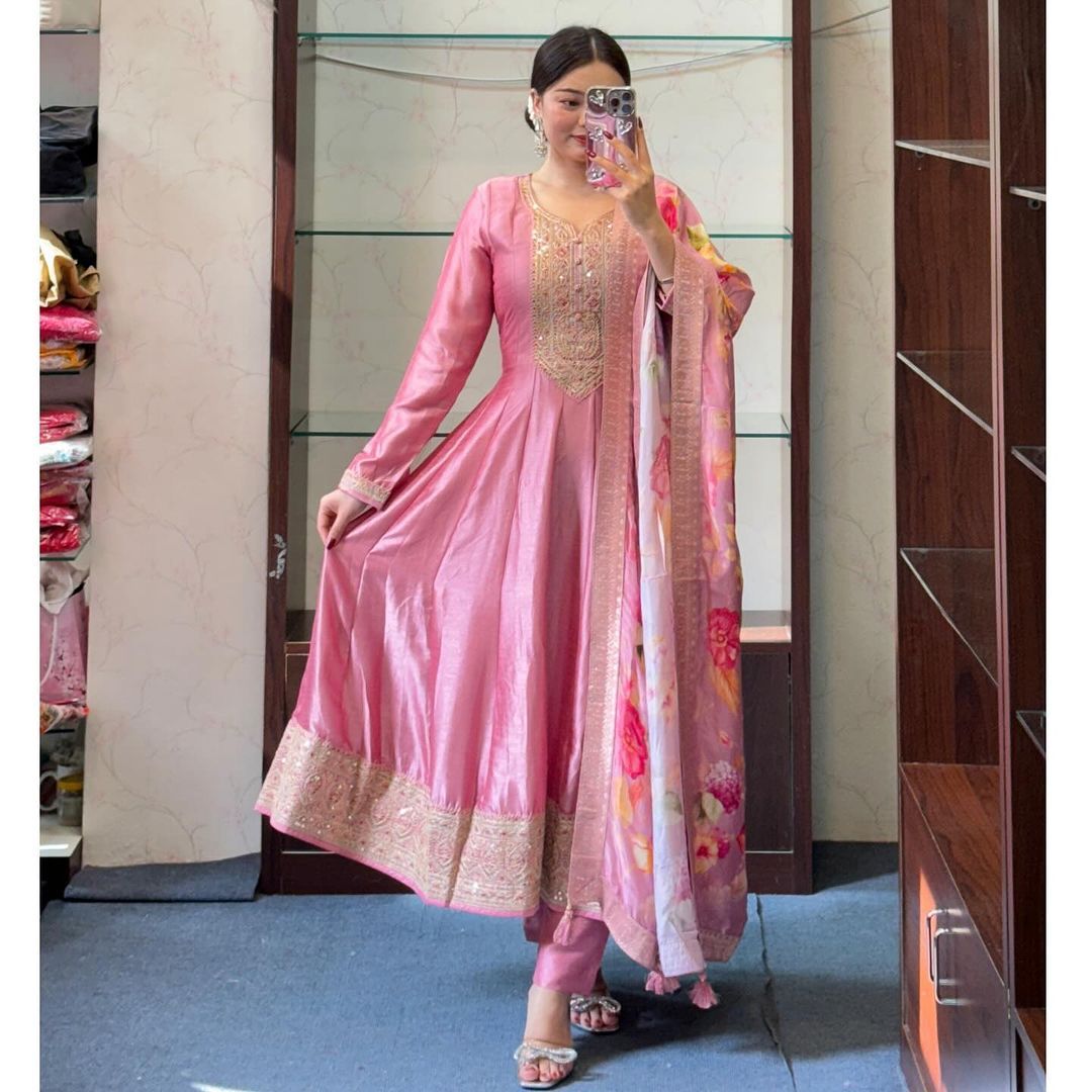 Quintessential Pink Roman Silk Embroidery Work Suit Set
