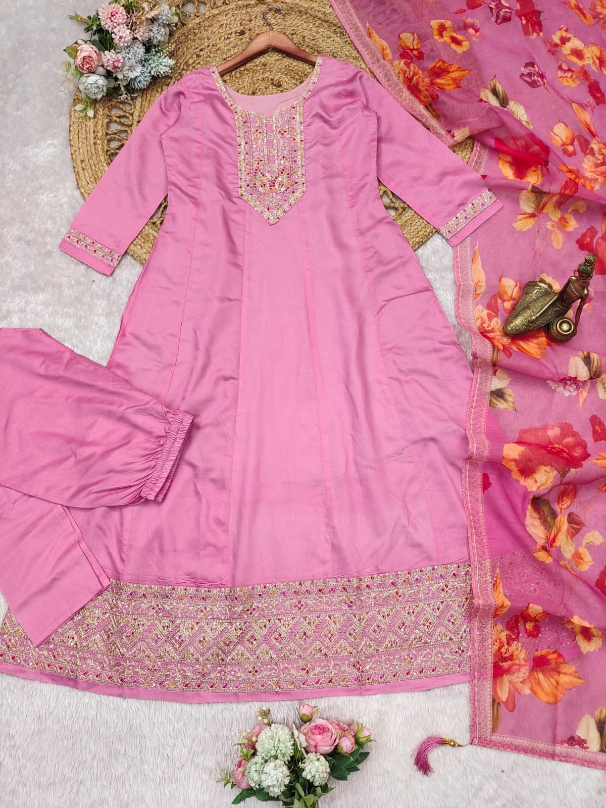 Quintessential Pink Roman Silk Embroidery Work Suit Set