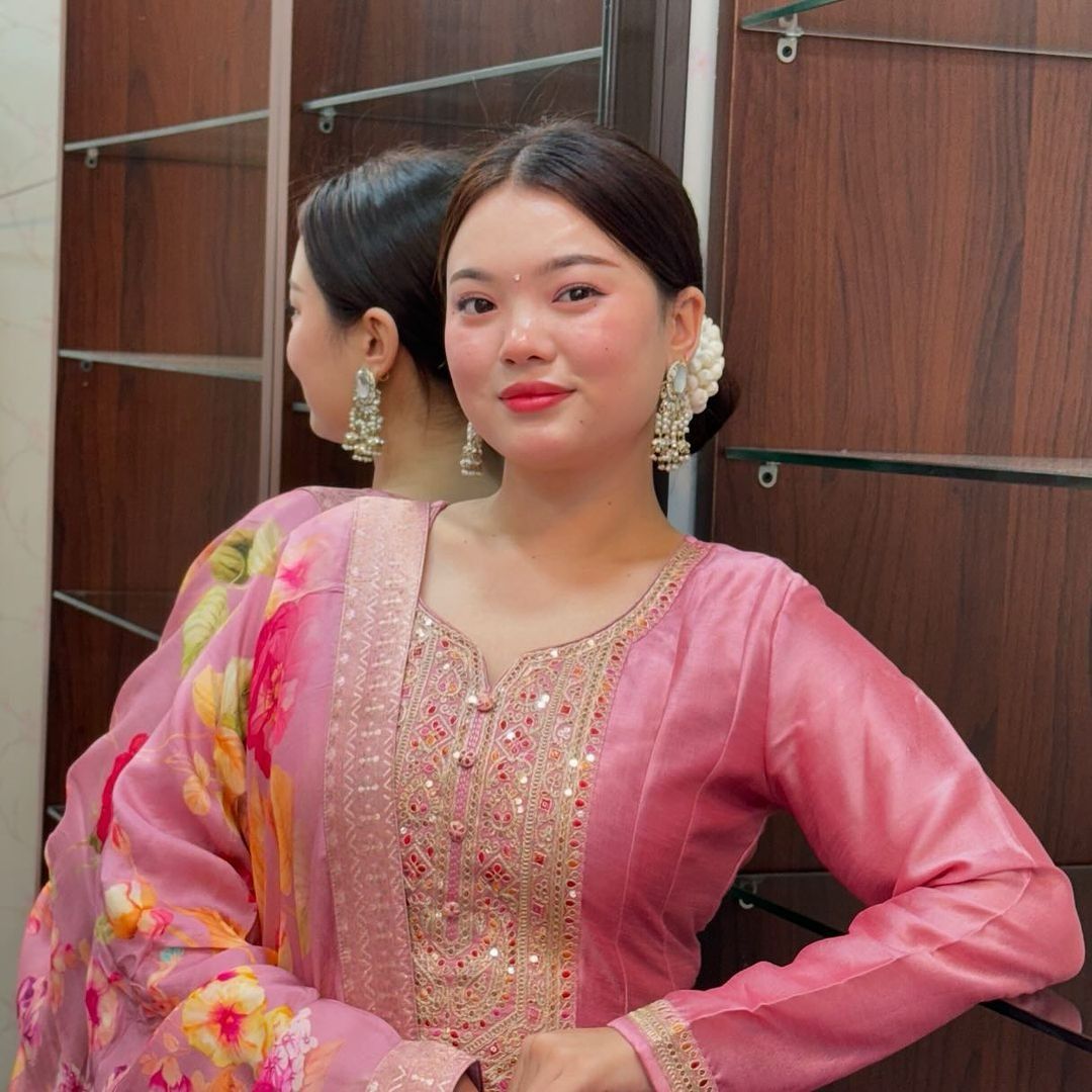 Quintessential Pink Roman Silk Embroidery Work Suit Set