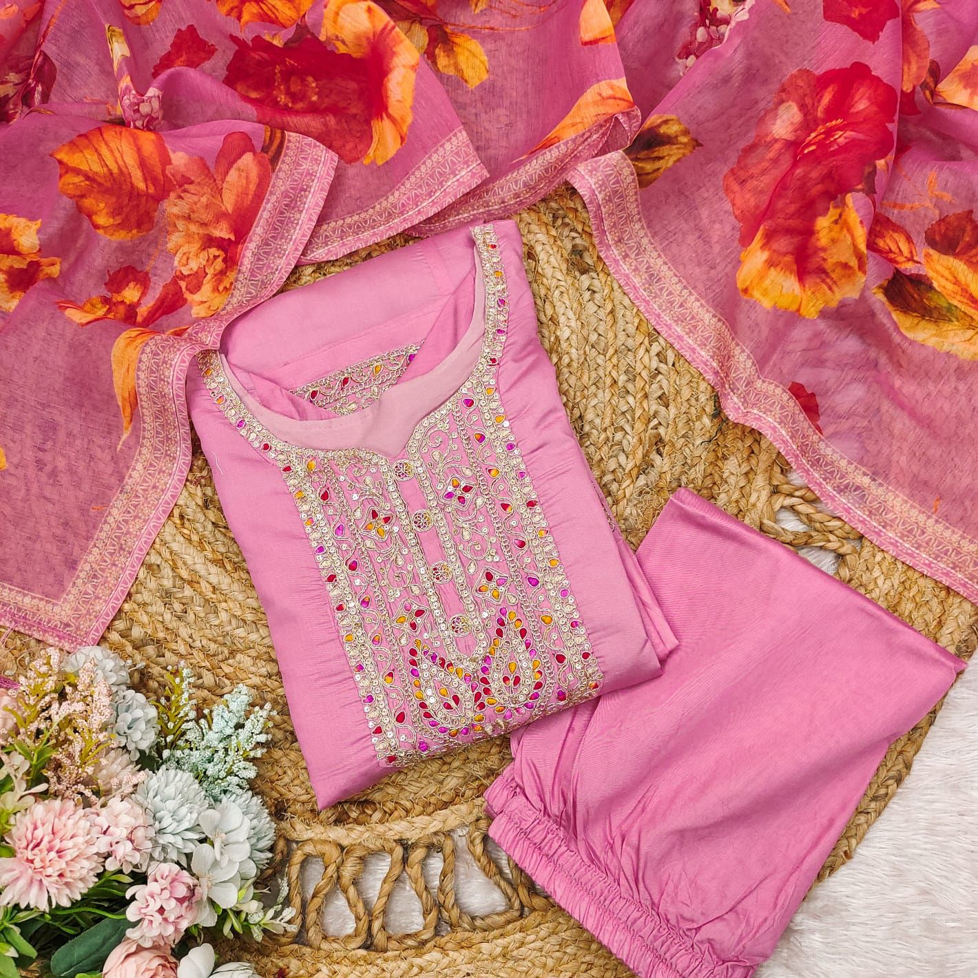 Quintessential Pink Roman Silk Embroidery Work Suit Set