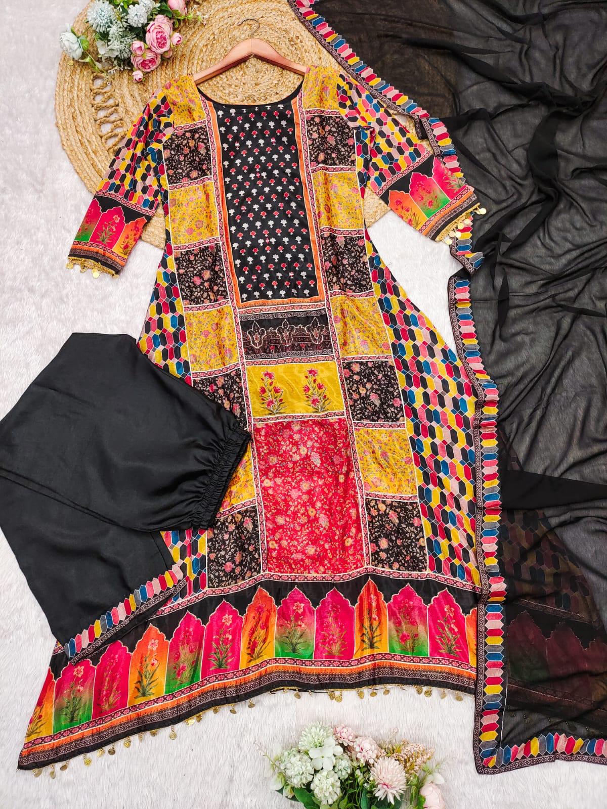 Tempting Multicolour Chinon Digital Print Embroidery Work Suit Set