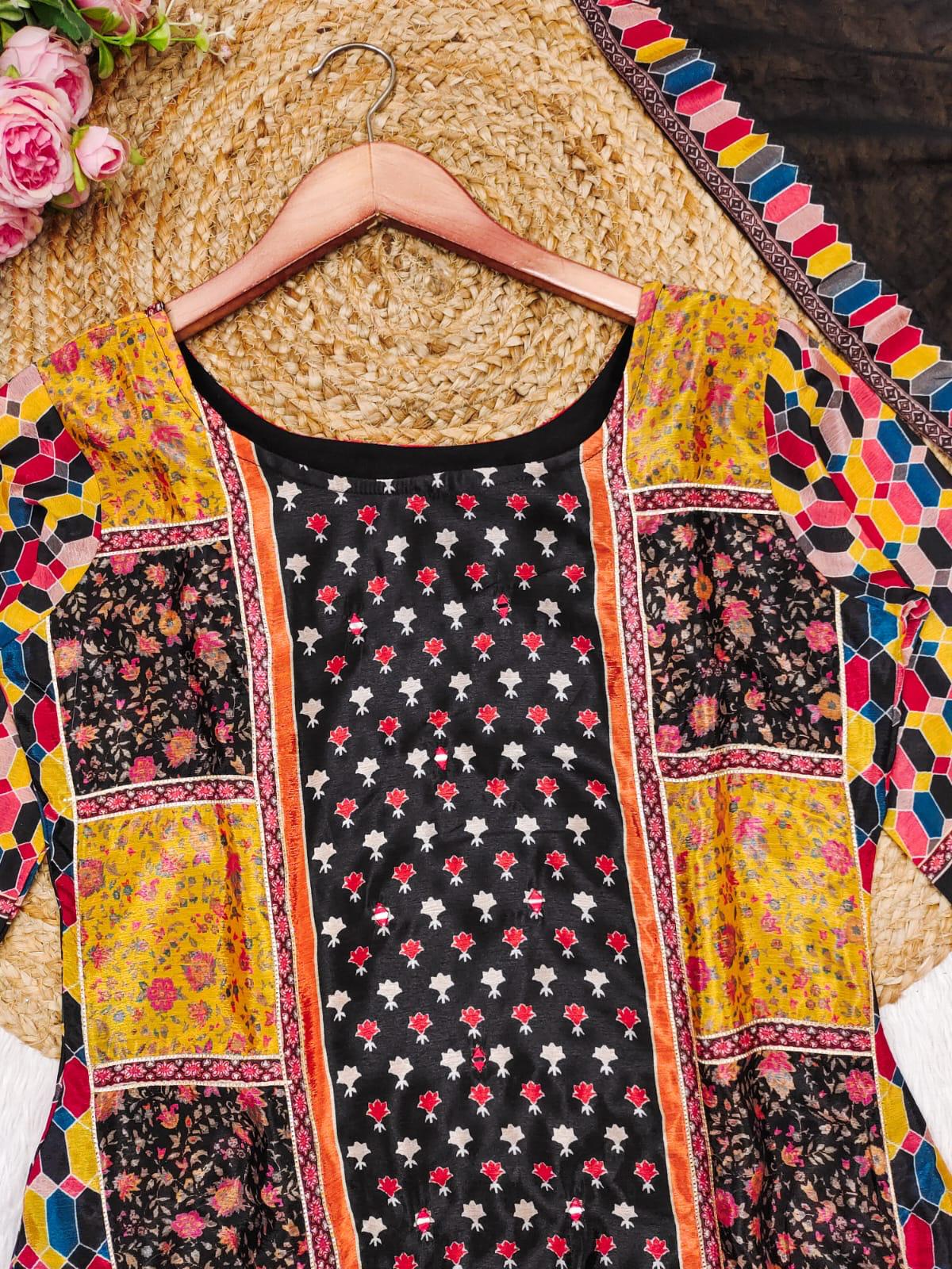 Tempting Multicolour Chinon Digital Print Embroidery Work Suit Set