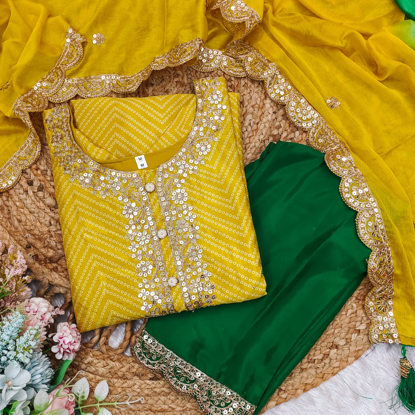 Groovy Yellow Chinon Bandhani With Gota Patti Work Suit Set