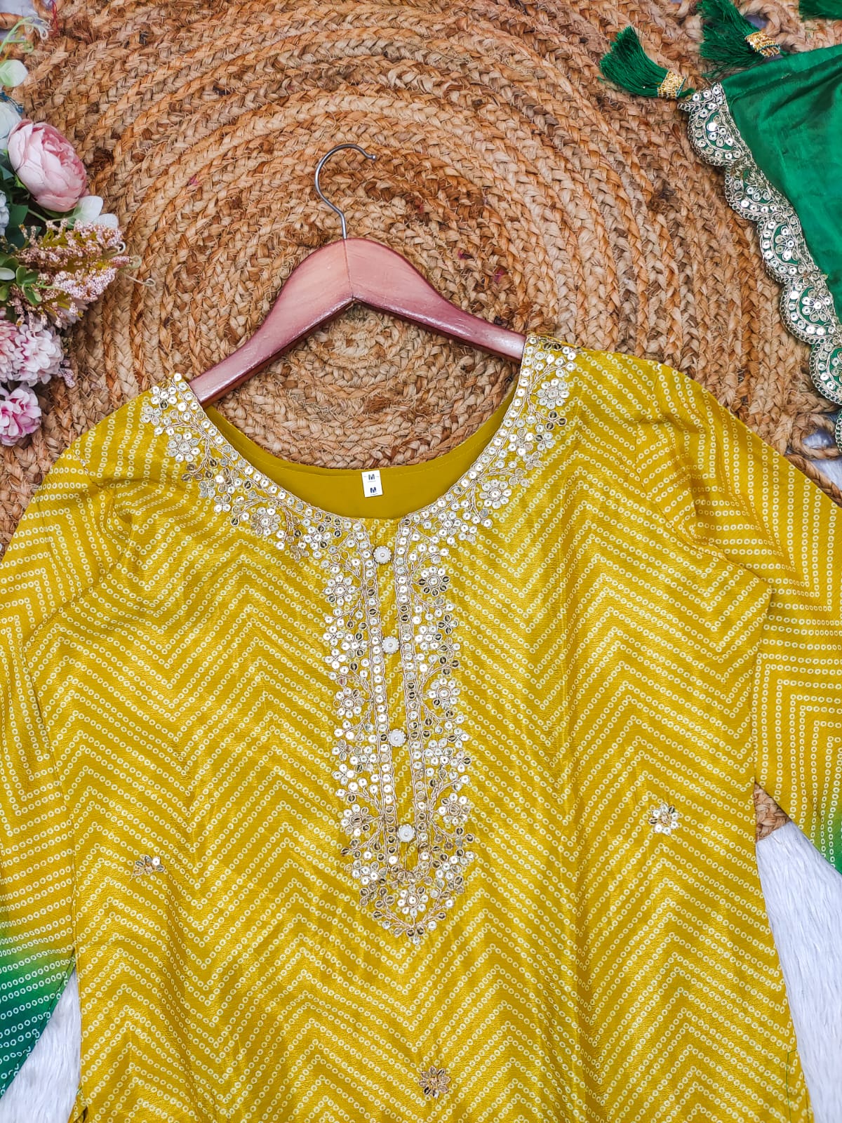Groovy Yellow Chinon Bandhani With Gota Patti Work Suit Set
