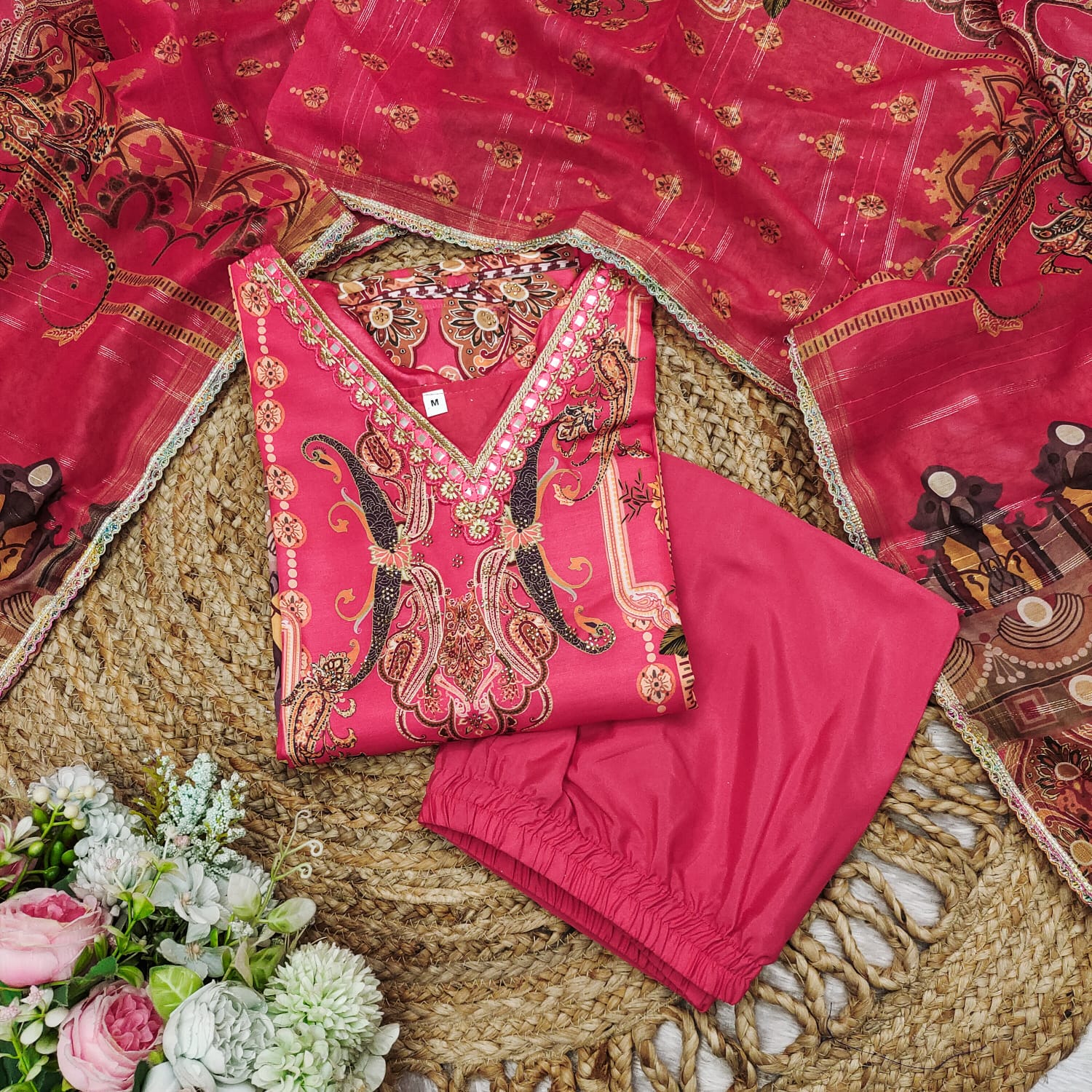 Glowing Pink Satin Silk Floral Print With Embroidery Suit Set