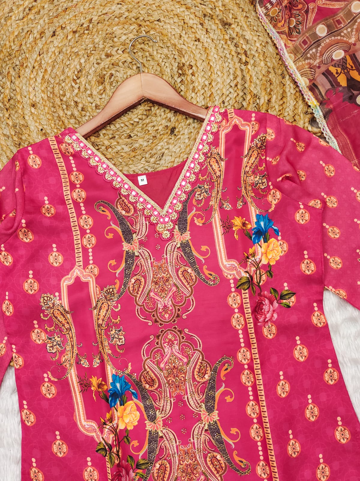 Glowing Pink Satin Silk Floral Print With Embroidery Suit Set
