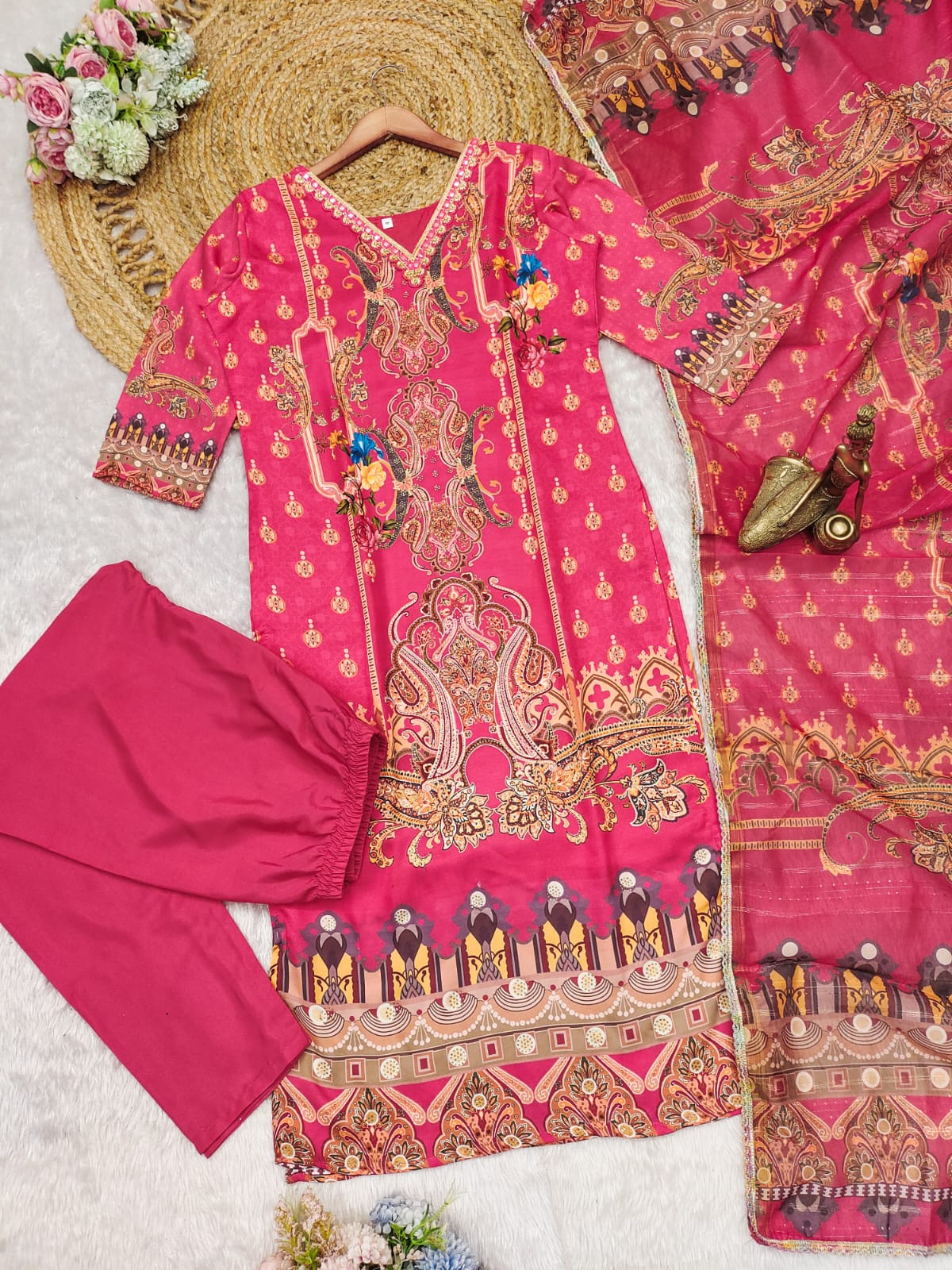 Glowing Pink Satin Silk Floral Print With Embroidery Suit Set
