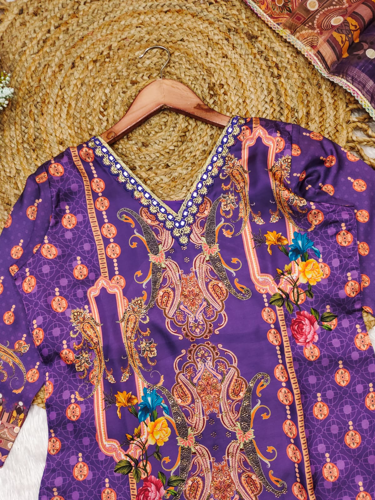 Desirable Purple Satin Silk Floral Print With Embroidery Suit Set
