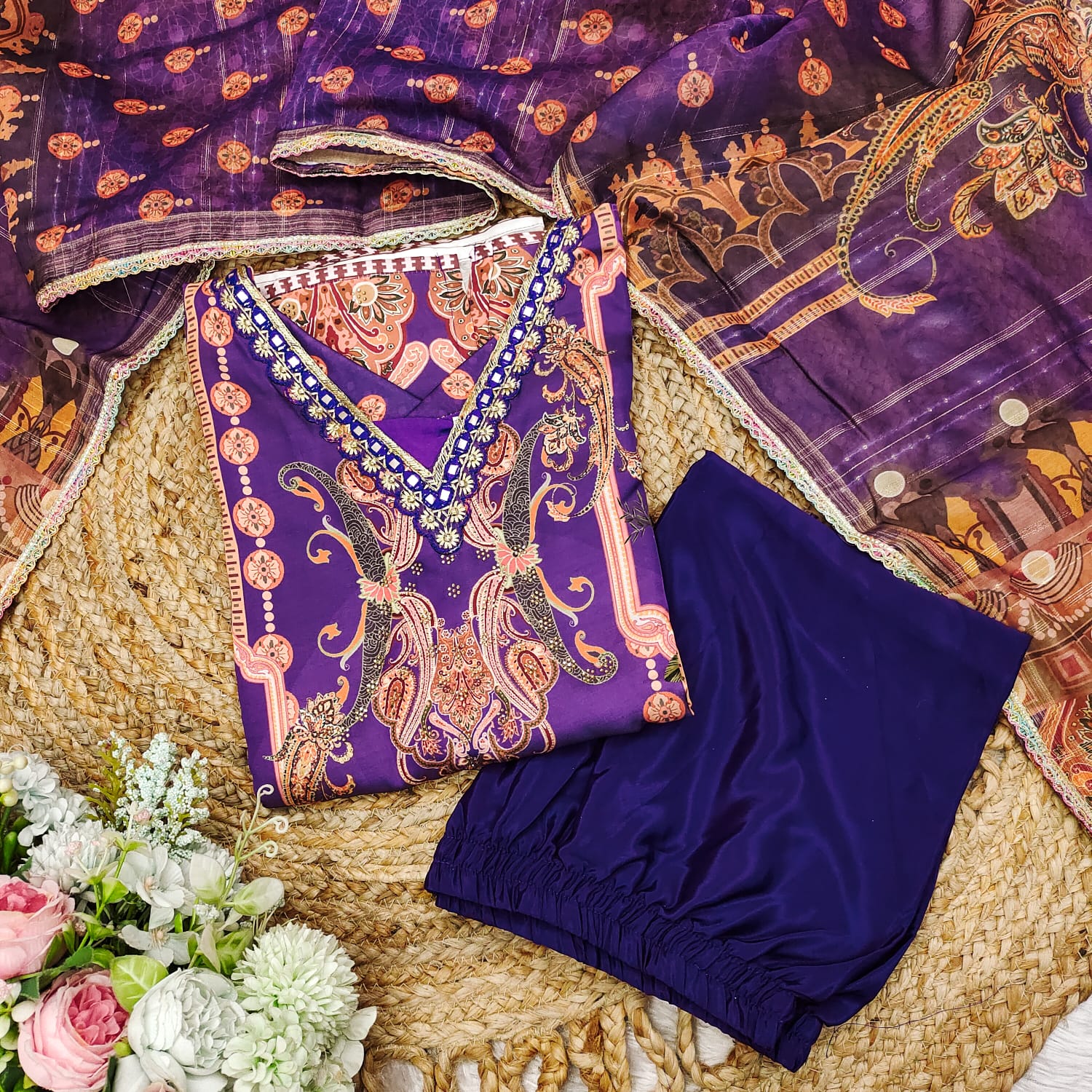 Desirable Purple Satin Silk Floral Print With Embroidery Suit Set