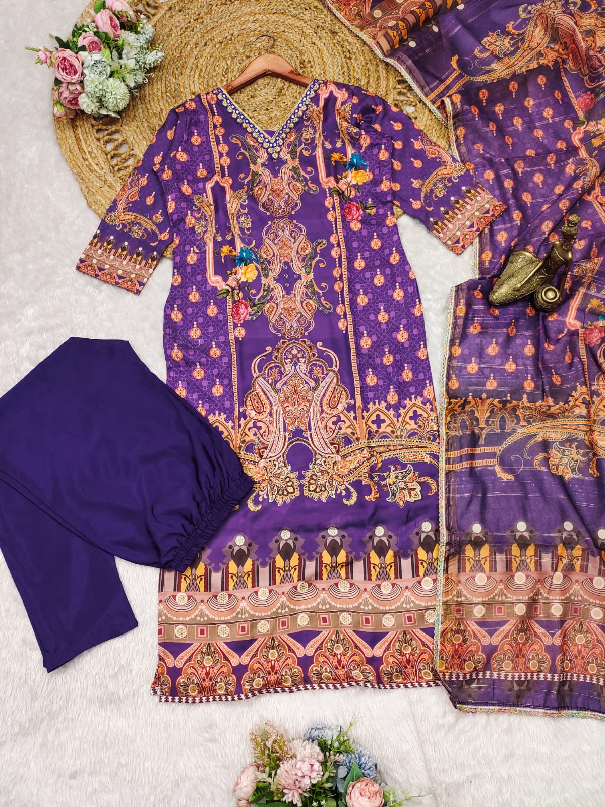 Desirable Purple Satin Silk Floral Print With Embroidery Suit Set