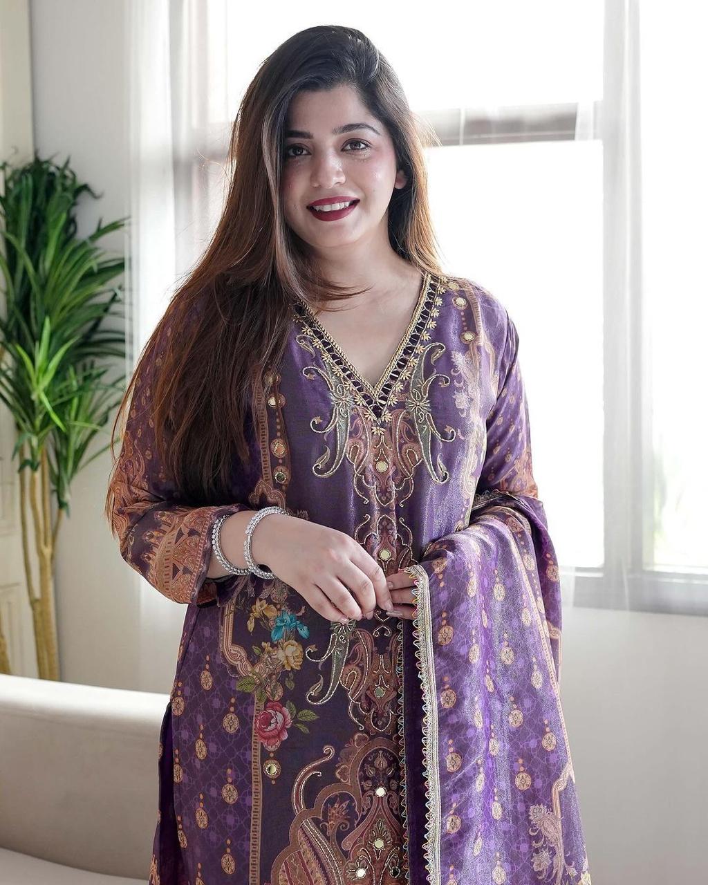 Desirable Purple Satin Silk Floral Print With Embroidery Suit Set