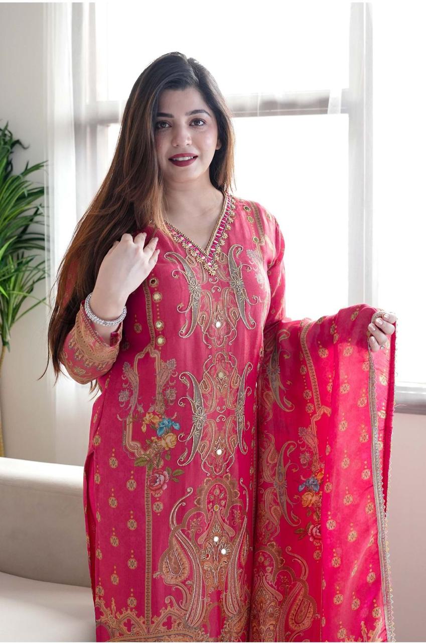 Glowing Pink Satin Silk Floral Print With Embroidery Suit Set