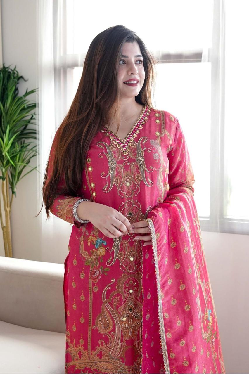 Glowing Pink Satin Silk Floral Print With Embroidery Suit Set