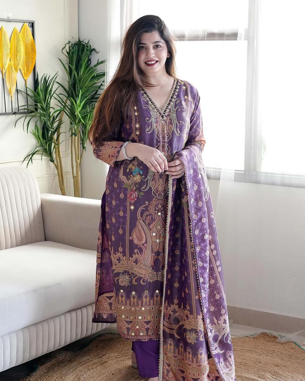 Desirable Purple Satin Silk Floral Print With Embroidery Suit Set