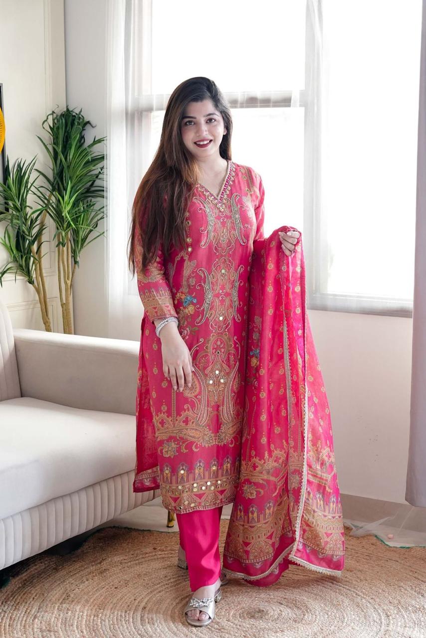 Glowing Pink Satin Silk Floral Print With Embroidery Suit Set