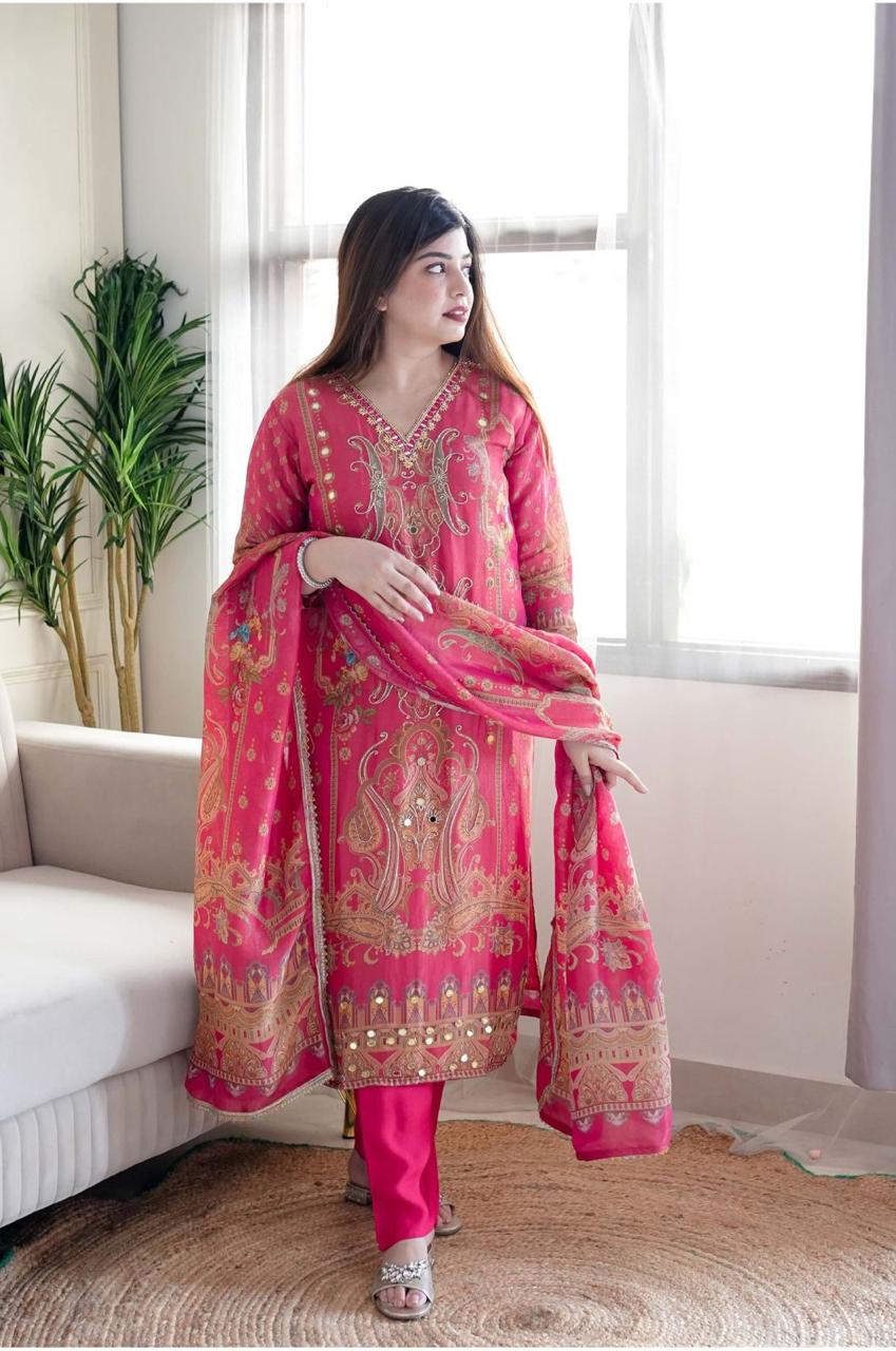 Glowing Pink Satin Silk Floral Print With Embroidery Suit Set