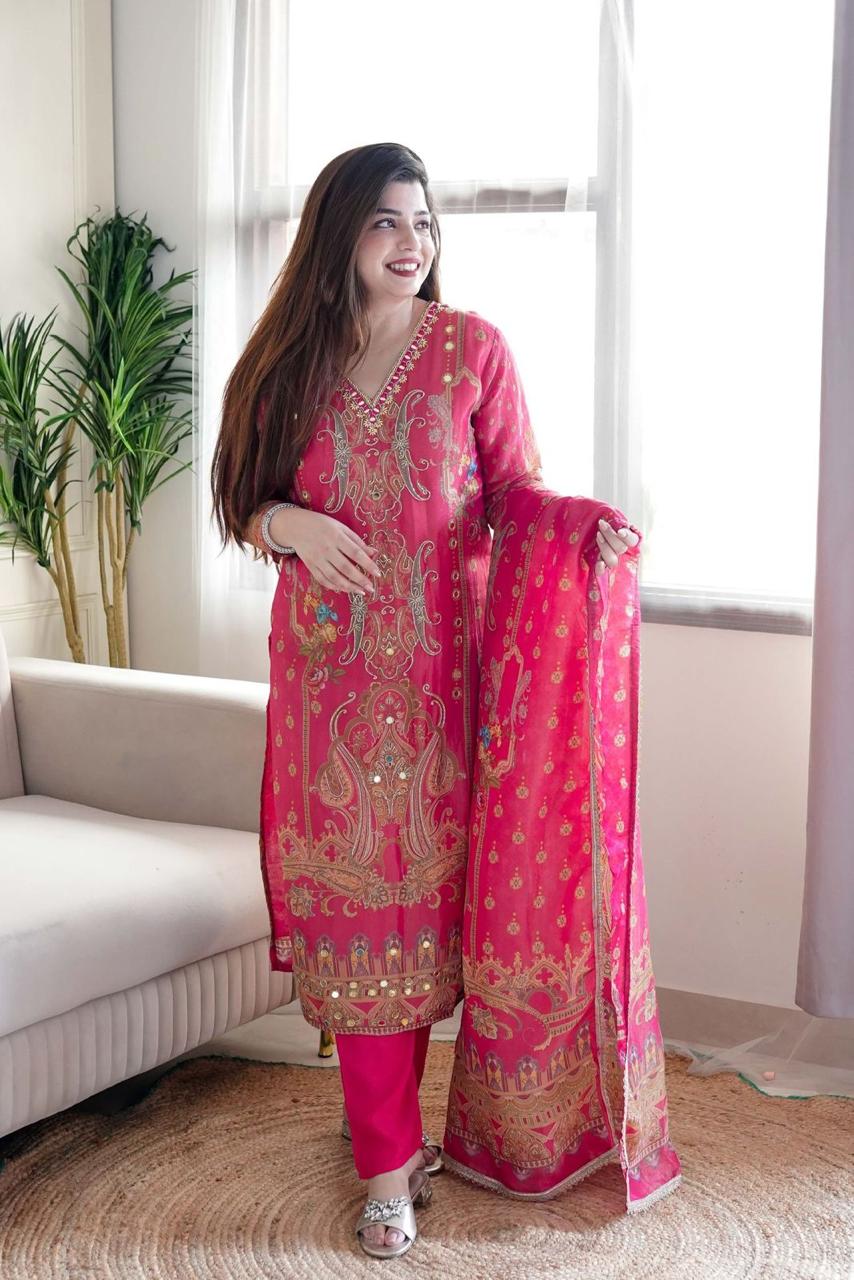 Glowing Pink Satin Silk Floral Print With Embroidery Suit Set