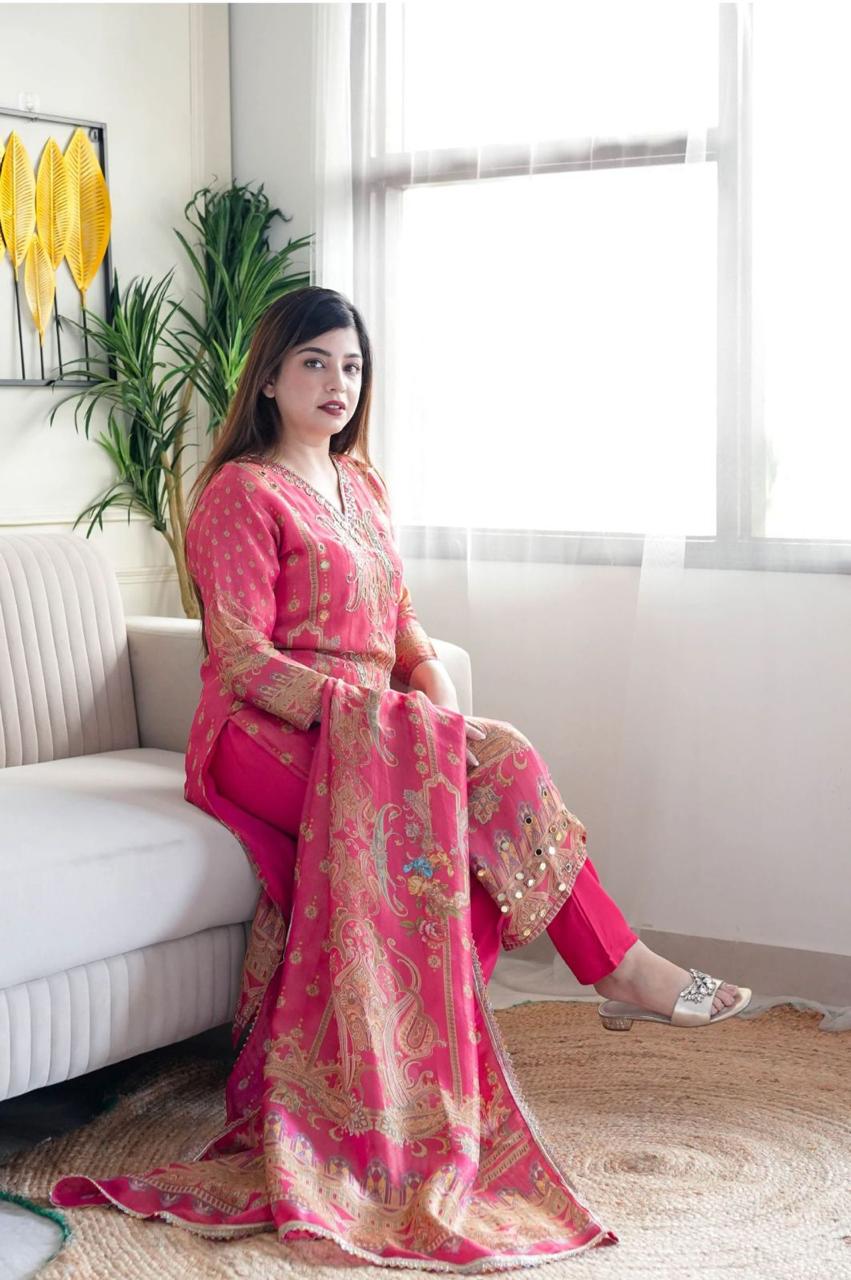 Glowing Pink Satin Silk Floral Print With Embroidery Suit Set