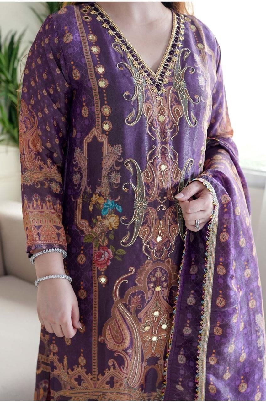 Desirable Purple Satin Silk Floral Print With Embroidery Suit Set