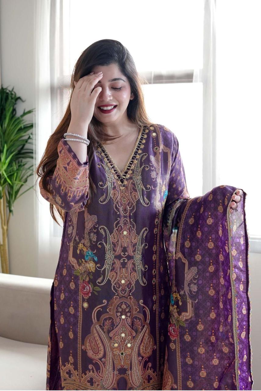 Desirable Purple Satin Silk Floral Print With Embroidery Suit Set