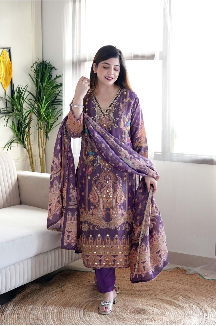 Desirable Purple Satin Silk Floral Print With Embroidery Suit Set